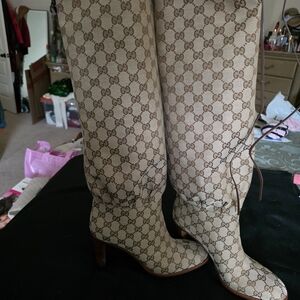 Gucci Beige GG Monogram Knee-High Heeled Boots